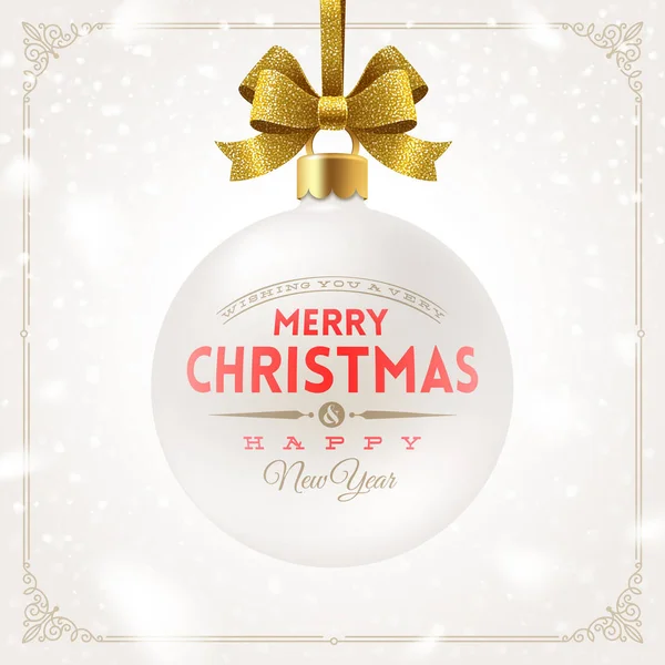 キラキラのゴールド リボン リボン型デザイン挨拶とホワイト クリスマス安物の宝石をぶら下がっています ベクトル図 — ストックベクタ