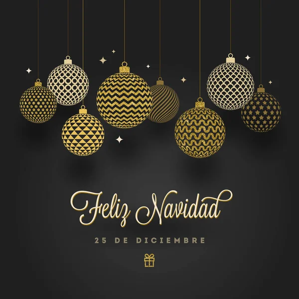 Feliz Navidad Christmas Greetings Spanish Patterned Golden Baubles Black Background — Stock Vector