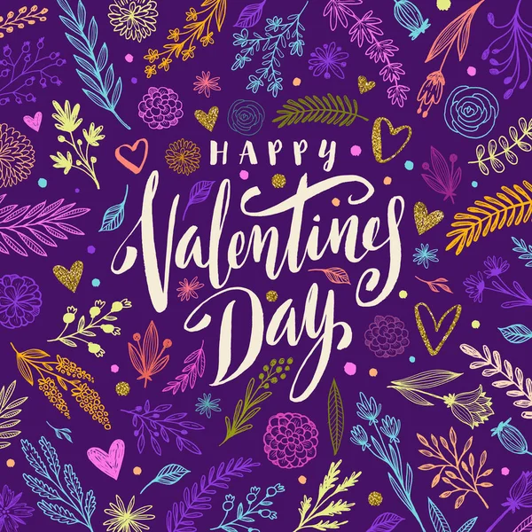 Boldog Valentin Nap Üdvözlőlap Virágos Kézi Kefe Kalligráfia Mintás Háttérrel — Stock Vector