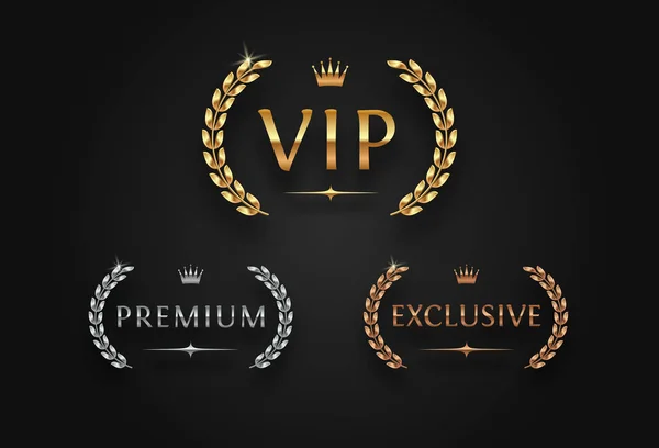 Signo Vip Premium Exclusivo Con Corona Laurel Variantes Doradas Plateadas — Archivo Imágenes Vectoriales
