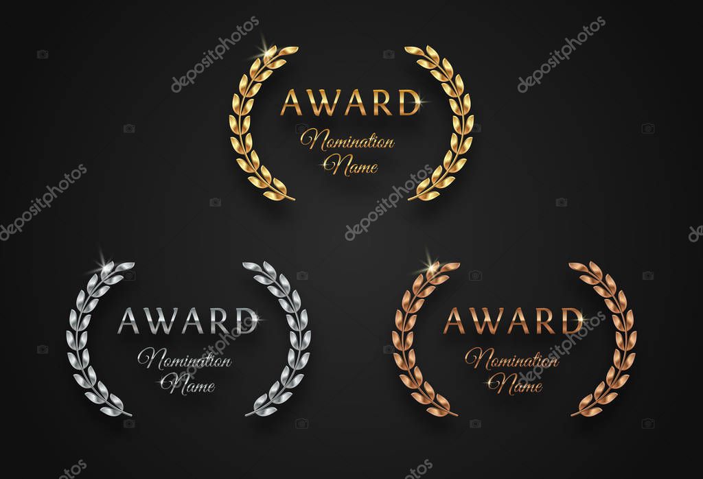 Award sign with laurel wreath - golden, silver and bronze variants, isolated on black background. Award sign vector set.