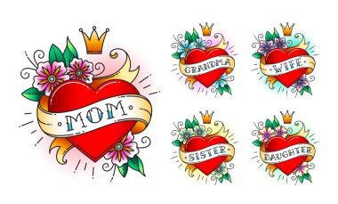 Set of Classic tattoo heart with flowers, crown and  ribbon with words -  mom, grandma, wife, sister, daughter. Classic old school American retro tattoo. Vector illustration. clipart