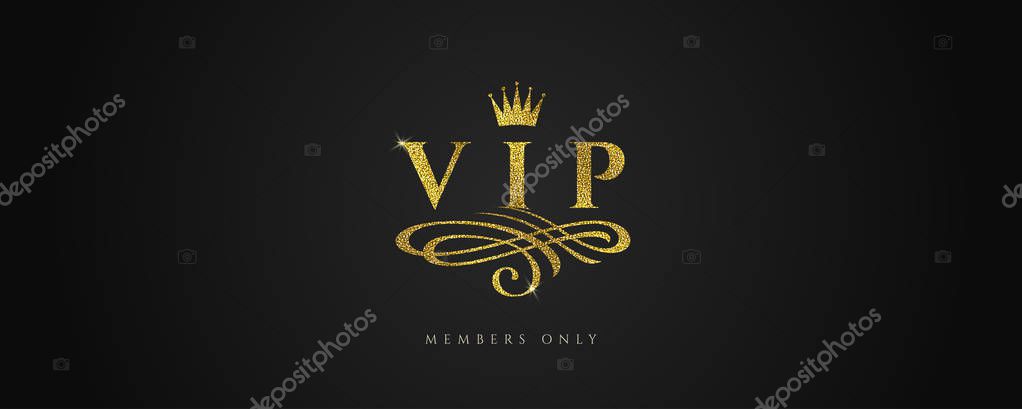 VIP - Glitter gold logo with crown and flourishes element  on black background. Vector illustration.