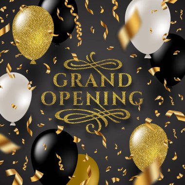 Büyük açılış - altın folyo konfeti, beyaz tarafından çevrili flourishes Dekoratif-süsleme elementler ile altın logo glitter ve altın balonlar parıltı. Vektör çizim.