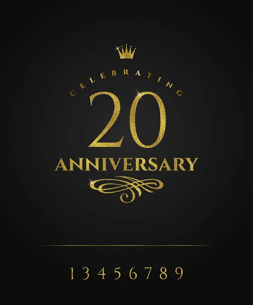 Logo d'oro Glitter anniversario d'oro con corona e fiorisce elemento. Ci sono elementi aggiuntivi per la compilazione di eventuali date. Illustrazione vettoriale . — Vettoriale Stock