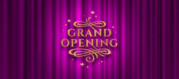 Grand opening logo. Glitter gold logo with flourishes ornamental elements on a purple curtain background. Vector illustration. — Stock Vector