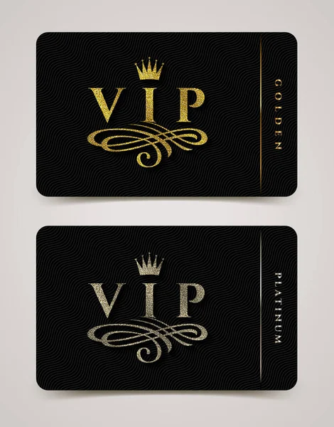 Plantilla de tarjeta VIP de oro y platino: diseño de tipo con corona y elemento florece sobre un fondo negro. Ilustración vectorial . — Archivo Imágenes Vectoriales