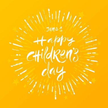 Happy Childrens gün - el çizilmiş vektör illüstrasyon. Fırça kaligrafi tebrik ve sunburs ışınları. Vektör çizimi.