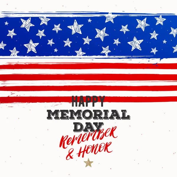 Щасливий день пам'яті-національне американське свято. Тип дизайну з пензлем написи і США прапор боку звернено елементів. Векторна ілюстрація. — стоковий вектор