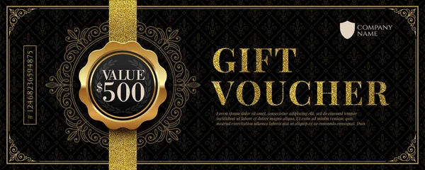 Modelo de voucher de presente com elementos de luxo de ouro brilhante. Ilustração vetorial. Design para convite, certificado, cupom de presente, bilhete, voucher, diploma etc . — Vetor de Stock