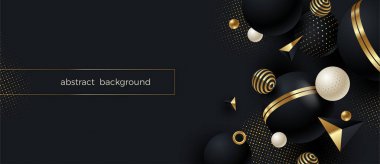 Abstract vector background. Black geometric shape with golden elements and decor on black background with golden halftone. clipart