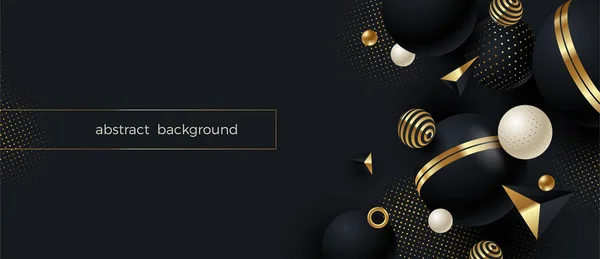 Abstracte vector achtergrond. Zwarte geometrische vorm met gouden elementen en decor op zwarte achtergrond met gouden halftoon. — Stockvector