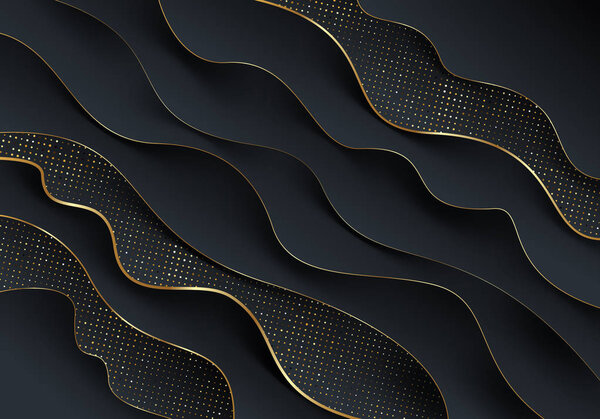 Abstract vector black and gold background. Fluid  wavy layered shape with golden edge and glitter halftone. Vector illustration. Design for promo, cover, poster, flyer and etc.