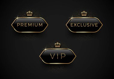 Vip, Premium ve Siyah arka plan üzerinde altın taç ve çerçeve ile Özel siyah cam etiketler. Üstün tasarım. Lüks şablon tasarımı. Vektör çizimi.