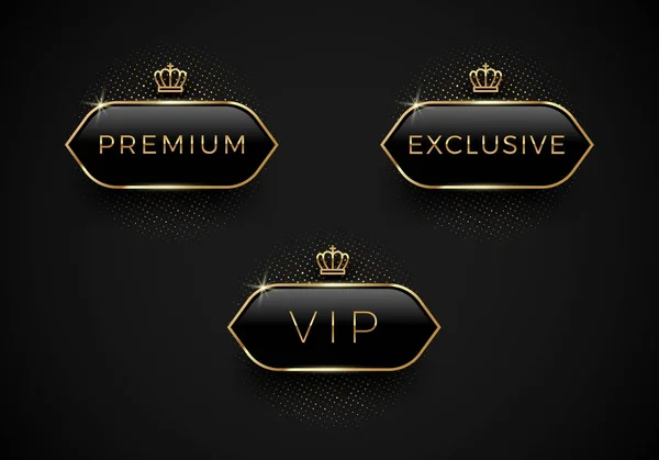 Etiquetas de vidro preto Vip, Premium e Exclusive com coroa dourada e moldura em um fundo preto. Design premium. Design de modelo de luxo. Ilustração vetorial . — Vetor de Stock
