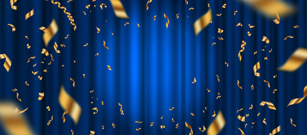 Spotlight on blue curtain background and falling golden confetti. Vector illustration. — Stock Vector