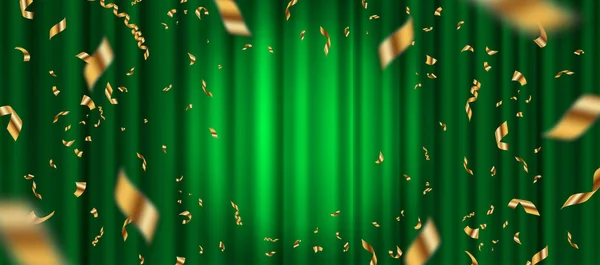 Scheinwerfer auf grünem Vorhang-Hintergrund und fallendem goldenem Konfetti. Vektorillustration. — Stockvektor