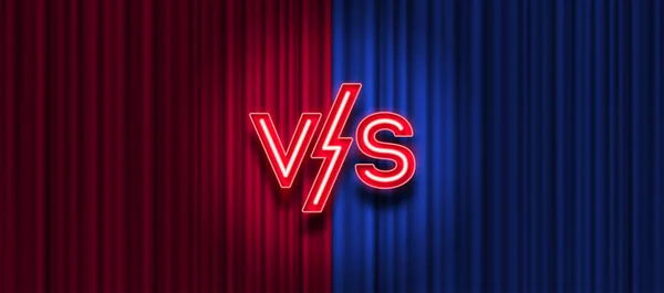 Neon bokstäver kontra logotyp på röd och blå gardin bakgrund. Vs logotyp för spel, kamp, prestanda, match, sport eller bekämpa konkurrens, spel begreppet rivalitet. Kontra vektor illustration — Stock vektor