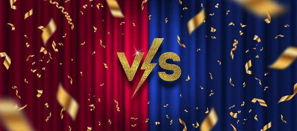 Glitter gold versus logo, confeti dorado sobre fondo de cortina rojo y azul. Logotipo VS para juegos, batalla, rendimiento, espectáculo, partido, deportes o competición de lucha, concepto de juego de rivalidad. VS. Vector illu — Archivo Imágenes Vectoriales