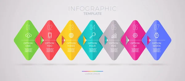 Conception de gabarits infographiques avec des icônes d'affaires. Organigramme witn sept options ou étapes. Concept d'entreprise d'infographie. Conception pour la présentation, la promotion, la mise en page du flux de travail, diagramme, rapport annuel et e — Image vectorielle