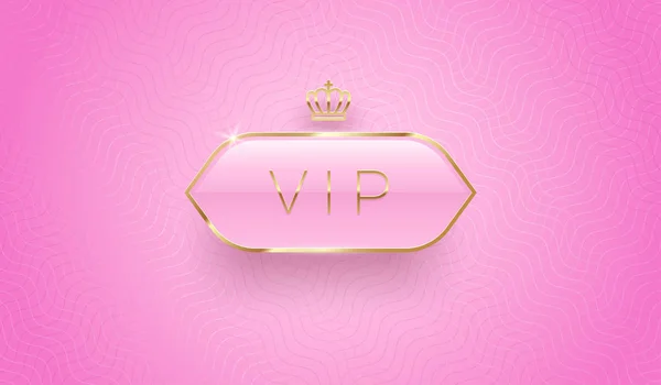 VIP üveg címke arany koronával és kerettel, rózsaszín mintás háttérrel. Prémium tervez. Luxus sablon design. Vektoros illusztráció. — Stock Vector