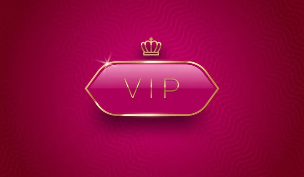 VIP glass Label med gyllene krona och ram på en vinröd färg mönster bakgrund. Premium design. Lyxig malldesign. Vektor illustration. — Stock vektor