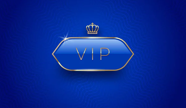 Etiqueta de vidrio Vip con corona dorada y marco sobre un fondo de patrón azul. Diseño premium. Diseño de plantilla de lujo. Ilustración vectorial . — Archivo Imágenes Vectoriales