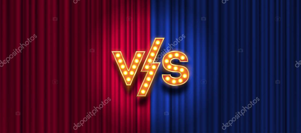 Lightbulbs letters versus logo on red and blue curtain background. VS logo for games, battle, performance, match, sports or fight competition, Game concept of rivalry. VS. Vector illustration