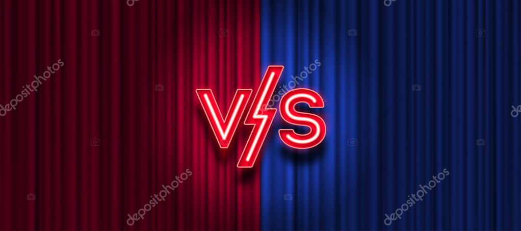 Neon letters versus logo on red and blue curtain background. VS logo for games, battle, performance, match, sports or fight competition, Game concept of rivalry. VS. Vector illustration