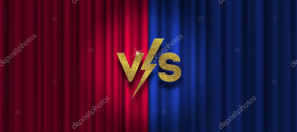 Glitter gold versus logo on red and blue curtain background. VS logo for games, battle, performance, show, match, sports or fight competition, Game concept of rivalry. VS. Vector illustration