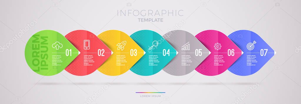 Infographic template design with business icons. Flow chart with seven options or steps. Infographic business concept. Design for presentation, promotion, workflow layout, diagram, annual report and e