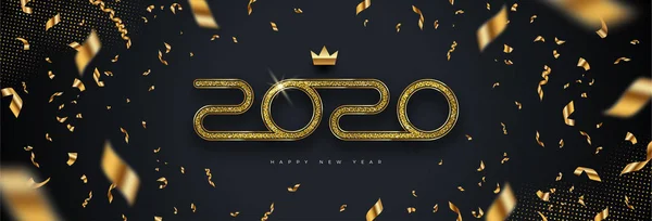2020 új év logó. Köszöntő terv, az év és arany konfetti a fekete háttér. Design üdvözlőkártya, meghívó, naptár, stb. — Stock Vector