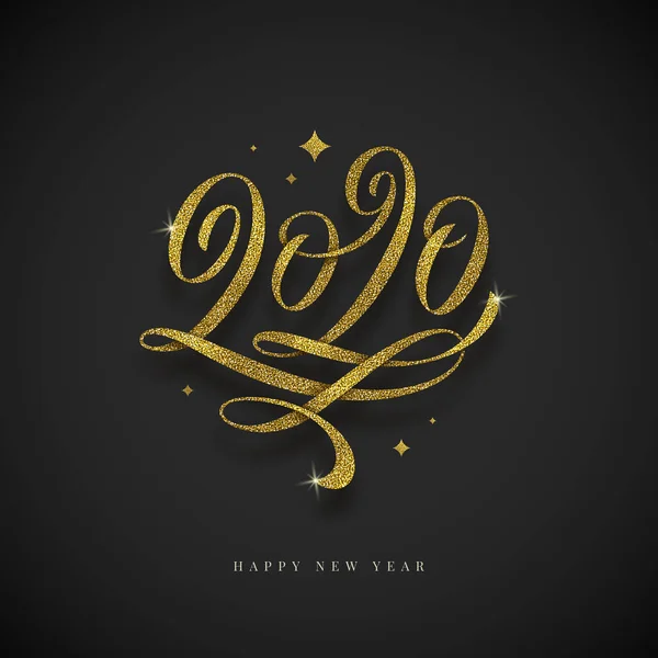 Logo anno 2020. Capodanno glitter oro fiorisce calligrafia. Illustrazione vettoriale vacanza. Progettazione per biglietto di auguri, invito, calendario, ecc . — Vettoriale Stock