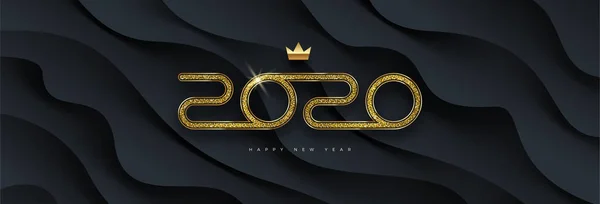 2020 nuovo logo anno. Design di saluto con numero d'oro dell'anno su uno sfondo astratto a strati neri. Progettazione per biglietto di auguri, invito, calendario, ecc . — Vettoriale Stock