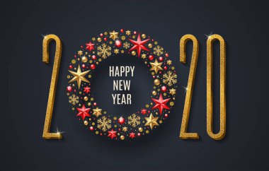Yeni yıl 2020 vektör illüstrasyonu. Parlak altın rakamlar ve altın tatil dekoru. Vektör illüstrasyonu.