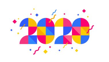 2020 yeni yıl logosu geometrik şekillerden oluşur. Yılın çok renkli tasarımı ile selamlama. Tebrik kartı, davet, takvim vesaire için tasarım.