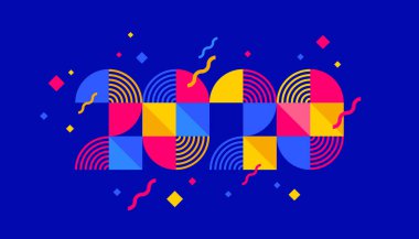2020 yeni yıl logosu geometrik şekillerden oluşur. Yılın çok renkli tasarımı ile selamlama. Tebrik kartı, davet, takvim vesaire için tasarım.