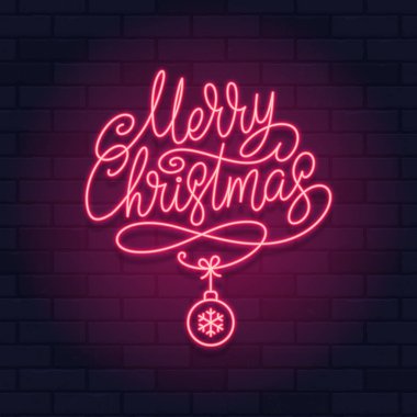 Tuğladan bir duvarda kırmızı ışıklı mutlu noeller. Mutlu Noeller kaligrafik selamlama tasarımı. Vektör illüstrasyonu.