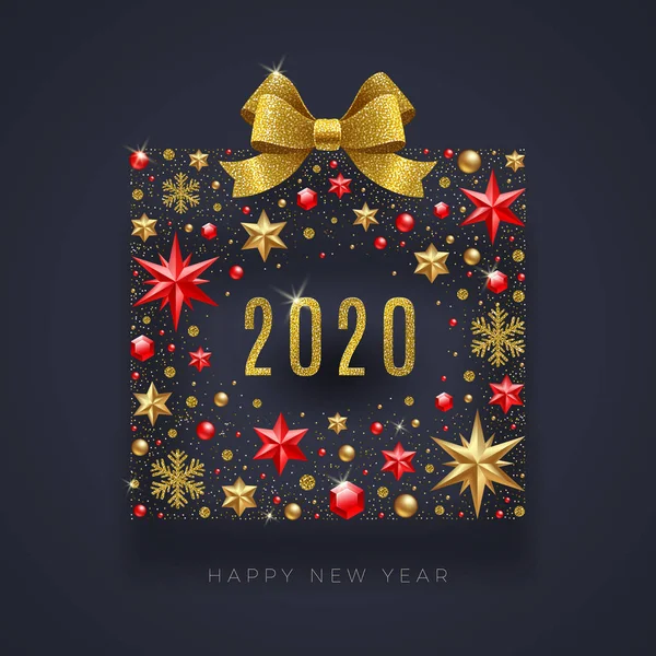 Nouvel An 2020 salutation illustration. Coffret cadeau abstrait composé d'étoiles, de pierres précieuses rubis, de flocons de neige dorés, de perles et de ruban papillon en or pailleté . — Image vectorielle