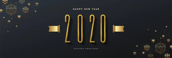 Logo de año nuevo 2020. Diseño de saludo con número de oro del año, cinta y copos de nieve. Diseño para tarjeta de felicitación, invitación, calendario, etc. . — Vector de stock