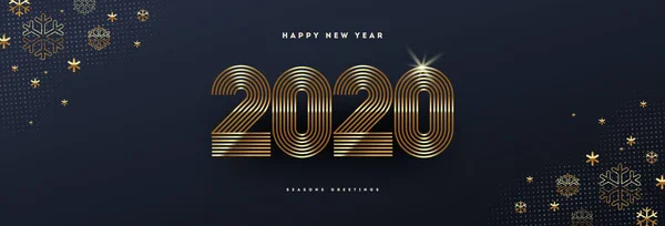 2020 års nya logotyp. Hälsning design med gyllene antal år och snöflingor. Design för gratulationskort, inbjudan, kalender, etc.. — Stock vektor