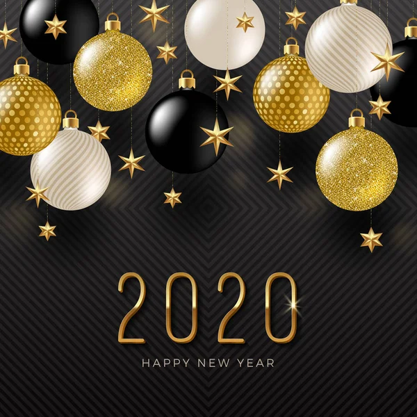 Logo du nouvel an 2020 et décorations de vacances. Salutation design avec des boules scintillantes et des étoiles dorées. Conception pour carte de vœux, invitation, calendrier, etc. . — Image vectorielle