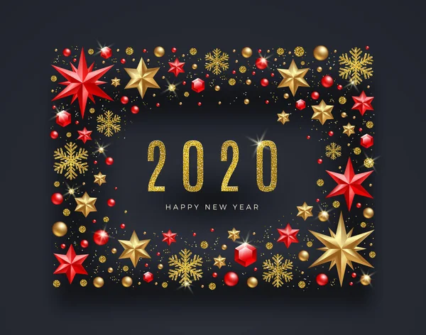 Ilustração de saudação de Ano Novo. Moldura feita de estrelas, pedras preciosas de rubi, flocos de neve e contas de ouro brilhante e logotipo de 2020. Ilustração vetorial . —  Vetores de Stock