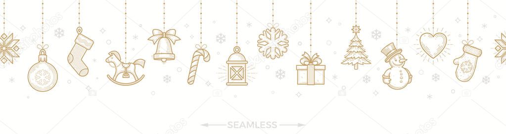Christmas greeting design. Horizontal seamless pattern with holiday signs and symbols hanging on white background, Vector illustration.