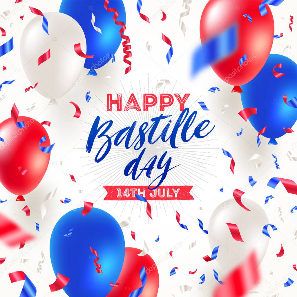 French national holiday - Bastille day. Brush calligraphy greeting, balloons and confetti in color of France flag. Vector illustration.