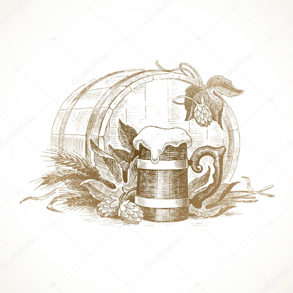 Hand drawn still life with hop, mug of beer and wheat. Vector illustration.