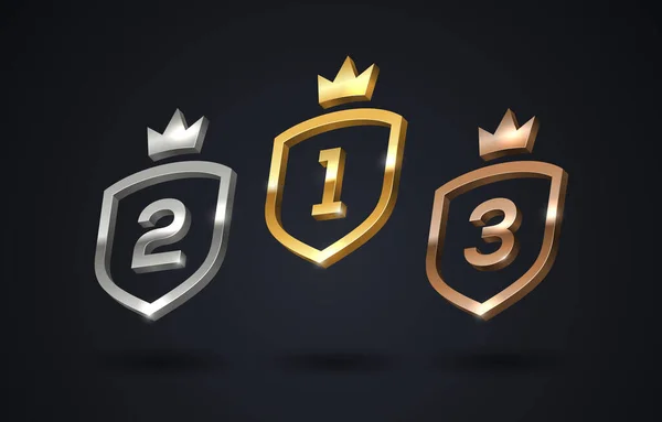 Set Rank Emblems Gold Silver Bronze Shield Rank Number Crown — Stock Vector