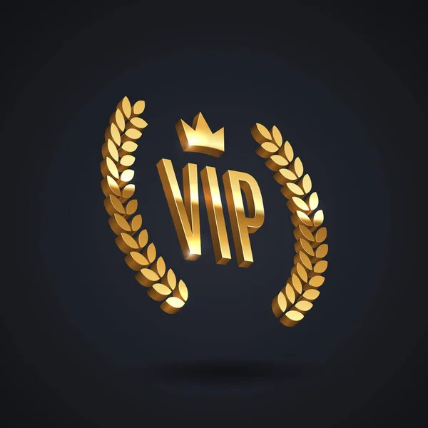 Vip Emblema Oro Con Corona Alloro Corona Sfondo Nero Segno — Vettoriale Stock