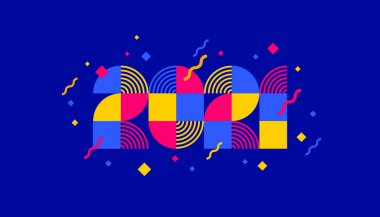 2021 yeni yıl logosu geometrik şekillerden oluşur. Yılın çok renkli tasarımı ile selamlama. Tebrik kartı, davet, takvim vesaire için tasarım.