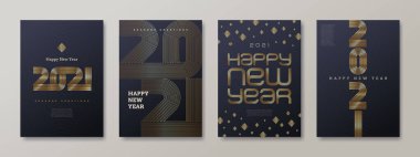Altın 2021 Yeni Yıl logosu olan tebrik kartı seti. Yeni yıl altın tabelası, Vektör çizimi. Tebrik kartı, davetiye, kapak, takvim vesaire için tatil tasarımı